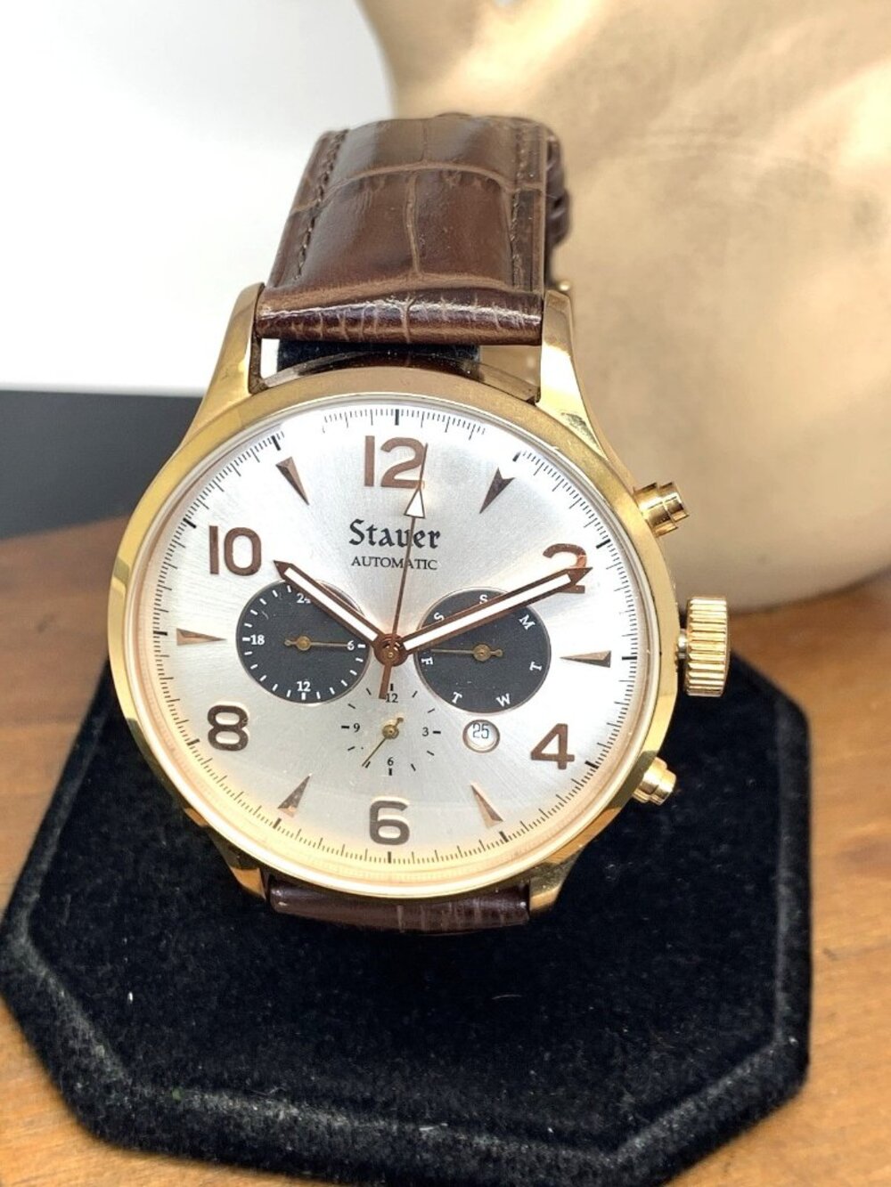 Stauer Men's Watch 23896 Automatic Rose Gold Silver Dial Brown Leather Band 45mm